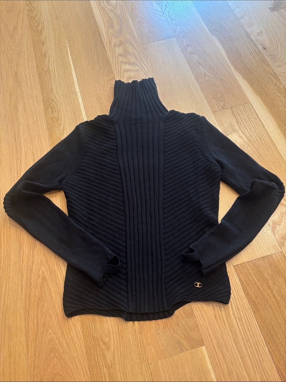 Tory Burch Black Ribbed Turtleneck Sweater with Gold Logo